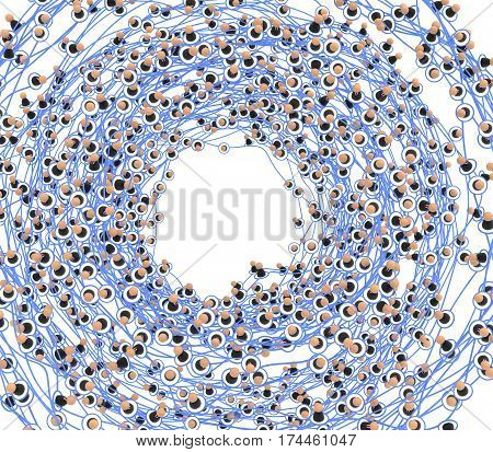 Crowd of small symbolic 3d figures linked by lines tangled chaotic network spin over white