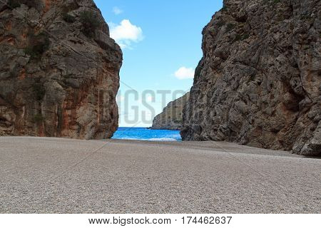Canyon Torrent De Pareis, Beach And Mediterranean Sea, Majorca, Spain