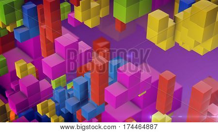 Falling 3d blocks style. Multicolored falling blocks. Background created from retro game elements. 3d rendering.
