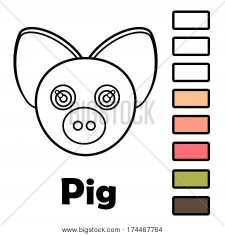 Coloring book for little kids with animals - a pig. With a palette of colors ready to be used when drawing.