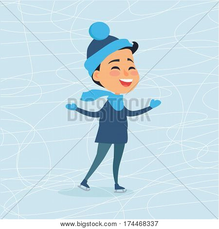 Cartoon smiling boy on icerink in flat design. Christmas entertainment in city in winter time. Vector illustration of happy male person in blue hat and scarf enjoying life spending New Year holidays