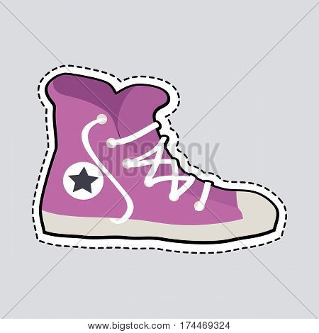 Violet sport footwear patch. Illustration of one sneaker with white loosed shoelace. Fashionable shoes for people. White sole. Sportive shoes with dashed line. Cartoon design. Flat style. Vector