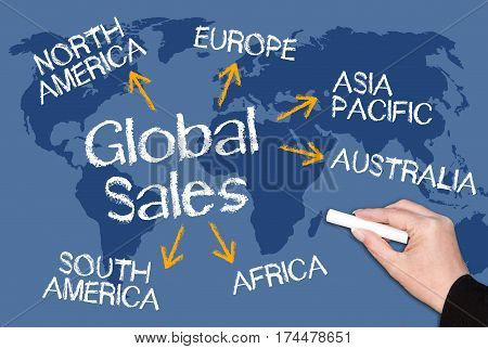 Global Sales - chalkboard with text on world map background