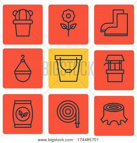 Set Of 9 Plant Icons. Includes Tree Stub, Desert Plant, Fire Tube And Other Symbols. Beautiful Design Elements.