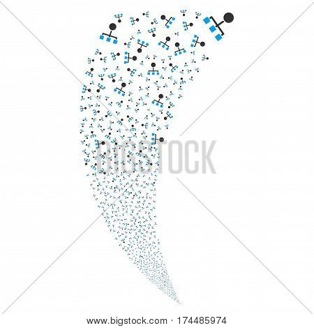 Hierarchy random fireworks stream. Vector illustration style is flat blue and gray iconic symbols on a white background. Object fountain organized from scattered pictograms.