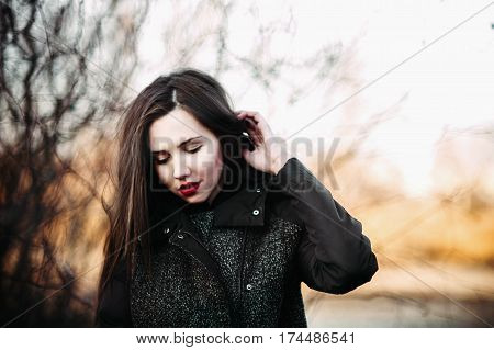 Autumn Outdoor Porttrait Of Young Pretty Elegant Girl Posing .