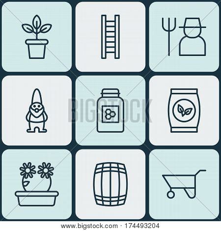 Set Of 9 Farm Icons. Includes Wheelbarrow, Floweret, Jar And Other Symbols. Beautiful Design Elements.