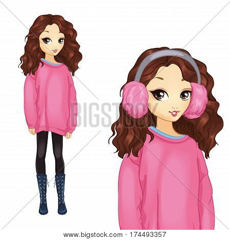 Vector illustration of beautiful teenager girl in oversize pink sweater