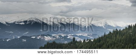 Part of Chornohora ridge. Spring. March. Bad weather.