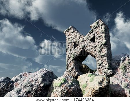 rune rock under cloudy blue sky - 3d illustration