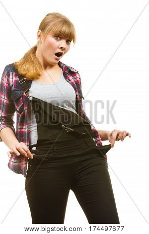 Surprised Woman Wearing Dungarees And Check Shirt