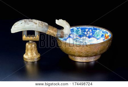 19th Century Chinese white jade cloisonne and gold wash brush washer.