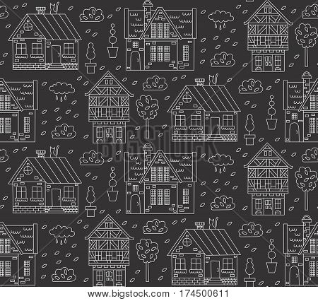 Black and white graphic doodle house village small toen old city seamless vector pattern
