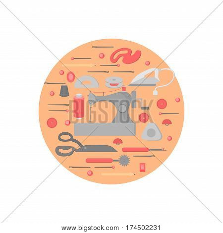 Sewing workshop equipment. Flat tailor shop design elements. Tailoring industry dressmaking tools icons. Fashion designer sew items.