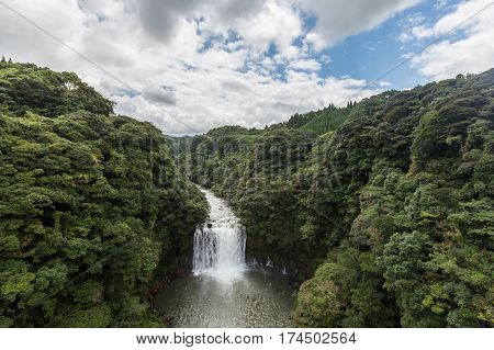 Kamikawa Otaki Waterfall And Green Forest In Kagoshima, Kyushu, Japan