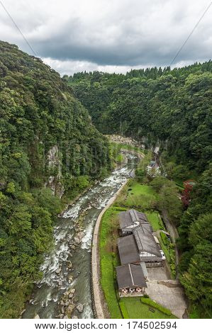 Green Valley And Japanese House In Kamikawa Otaki Waterfall Park, Kagoshima, Kyushu, Japan