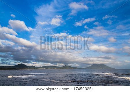 Beautiful Clouds And Ocean With Mt. Kaimon Volcano, Kagoshima, Kyushu, Japan.