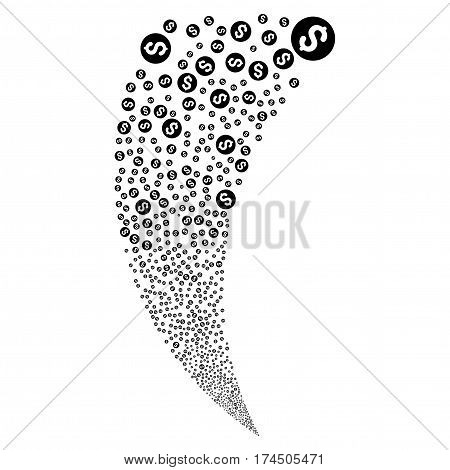 Coin random fireworks stream. Vector illustration style is flat black iconic symbols on a white background. Object fountain combined from scattered design elements.