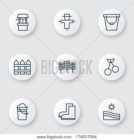 Set Of 9 Garden Icons. Includes Pail, Bucket, Gardening Shoes And Other Symbols. Beautiful Design Elements.