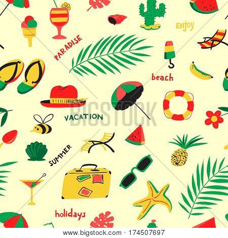 Seamless pattern with summer beach objects. Seasonal background. Vector illustration with umbrella chair cocktails fruits hat cactus watermelon starfish ice cream.