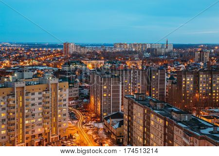Night Voronezh cityscape from rooftop. Residential dormitory area