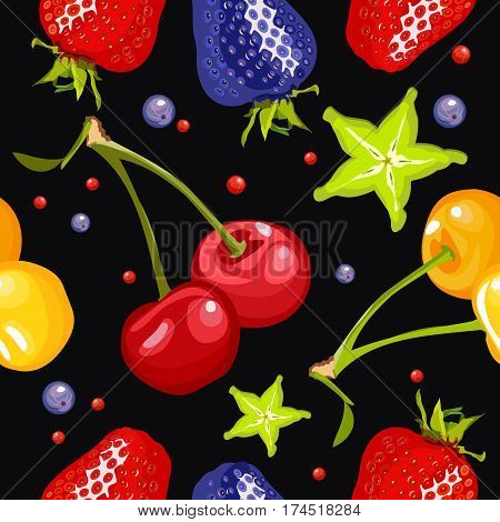 berry seamless pattern on a black square background with ripe cherries cherry carom strawberries