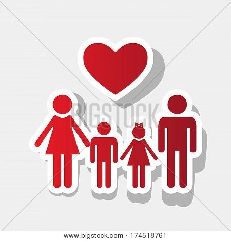 Family symbol with heart. Husband and wife are kept children's hands. Vector. New year reddish icon with outside stroke and gray shadow on light gray background.