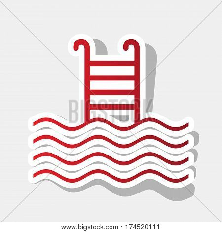 Swimming Pool sign. Vector. New year reddish icon with outside stroke and gray shadow on light gray background.