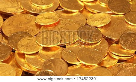 Gold Eagle one ounce coins lying on top of other golden money suggesting immense wealth
