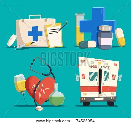 Ambulance or emergency car or bus, first aid kit with syringe and tablet or lozenge, cross and pill, tube or flask, jar and heart with pulse and stethoscope. Medicine or healthcare, pharmacy, doctor