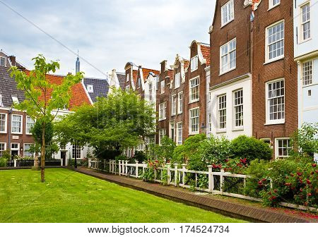 Beautiful famous Begijnhof Beguinage courtyard is one of the oldest inner courts in the city of Amsterdam with group of historic buildings. Begijnhof was founded during the Middle Ages. Netherlands.