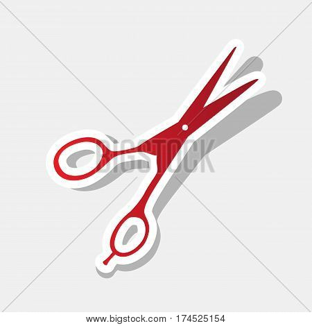 Hair cutting scissors sign. Vector. New year reddish icon with outside stroke and gray shadow on light gray background.