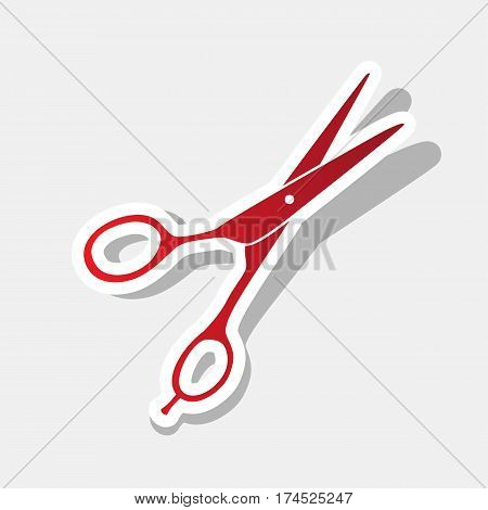 Hair cutting scissors sign. Vector. New year reddish icon with outside stroke and gray shadow on light gray background.