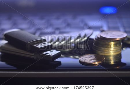 Memory Cards And Money On The Laptop Keyboard