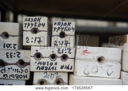Saint-Petersburg Russia - February 21 2017: A small factory producing small batches pewter figurines. Shelves with forms for casting