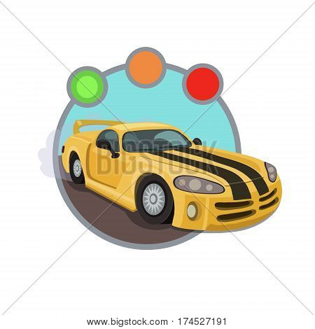 Yellow racing car with two black lines ready for the competition the traffic light gives you right to travel!