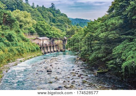 View of Kinugawa river near Kinugawa Onsen Hotel, Nikko Tochigi Prefecture, Japan