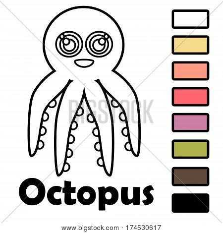 Coloring book for little kids with animals - octopus. Using the color palette ready for use when drawing.