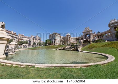 MARSEILLE, FRANCE - AUG 1, 2016: Longchamp Palace fountain, museum of Fine Arts, built in middle of 19th century.