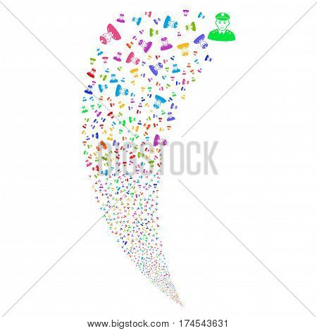 Army General random fireworks stream. Vector illustration style is flat bright multicolored iconic symbols on a white background. Object fountain combined from scattered design elements.