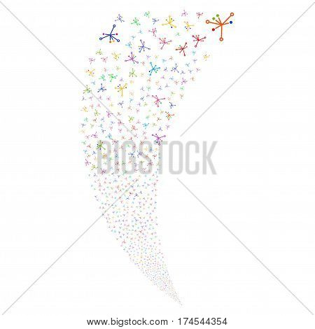 Big Bang random fireworks stream. Vector illustration style is flat bright multicolored iconic symbols on a white background. Object fountain constructed from scattered pictographs.