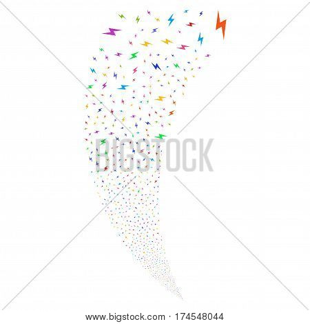Electric Bolt random fireworks stream. Vector illustration style is flat bright multicolored iconic symbols on a white background. Object fountain done from scattered pictographs.