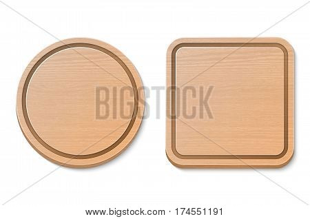 Vector wooden brown cutting board set isolated on white background. Realistic illustration. Round and square. EPS10.
