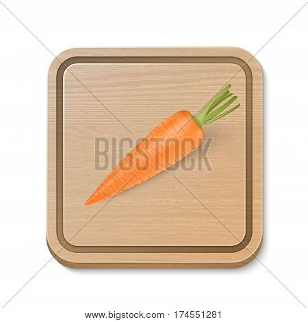 Realistic vector carrot on wooden brown cutting board isolated on white background. Design template. EPS10.