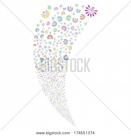 Light Bulb random fireworks stream. Vector illustration style is flat bright multicolored iconic symbols on a white background. Object fountain constructed from scattered symbols.