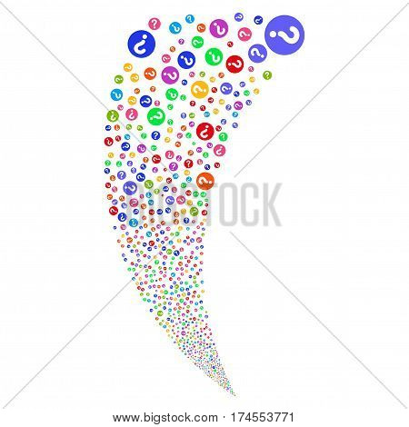 Query random fireworks stream. Vector illustration style is flat bright multicolored iconic symbols on a white background. Object fountain created from scattered icons.