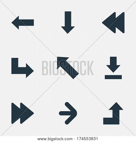 Set Of 9 Simple Indicator Icons. Can Be Found Such Elements As Rearward, Downwards Pointing, Right Direction And Other.