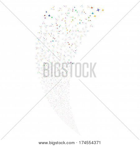 Space Stars random fireworks stream. Vector illustration style is flat bright multicolored iconic symbols on a white background. Object fountain constructed from scattered design elements.