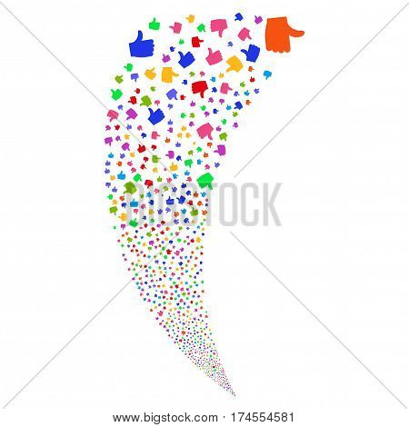 Thumb Up random fireworks stream. Vector illustration style is flat bright multicolored iconic symbols on a white background. Object fountain constructed from scattered icons.