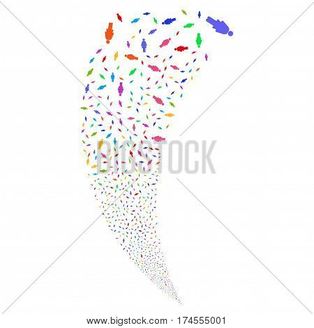 Woman Person random fireworks stream. Vector illustration style is flat bright multicolored iconic symbols on a white background. Object fountain constructed from scattered design elements.